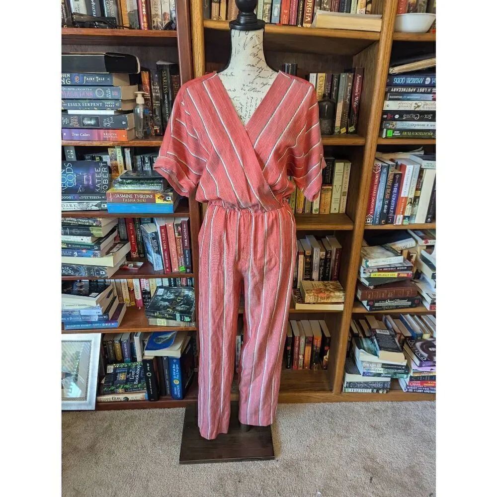 Maje Women’s 36 Silk & Linen Peach Pink Striped Wrap Jumpsuit V Neck